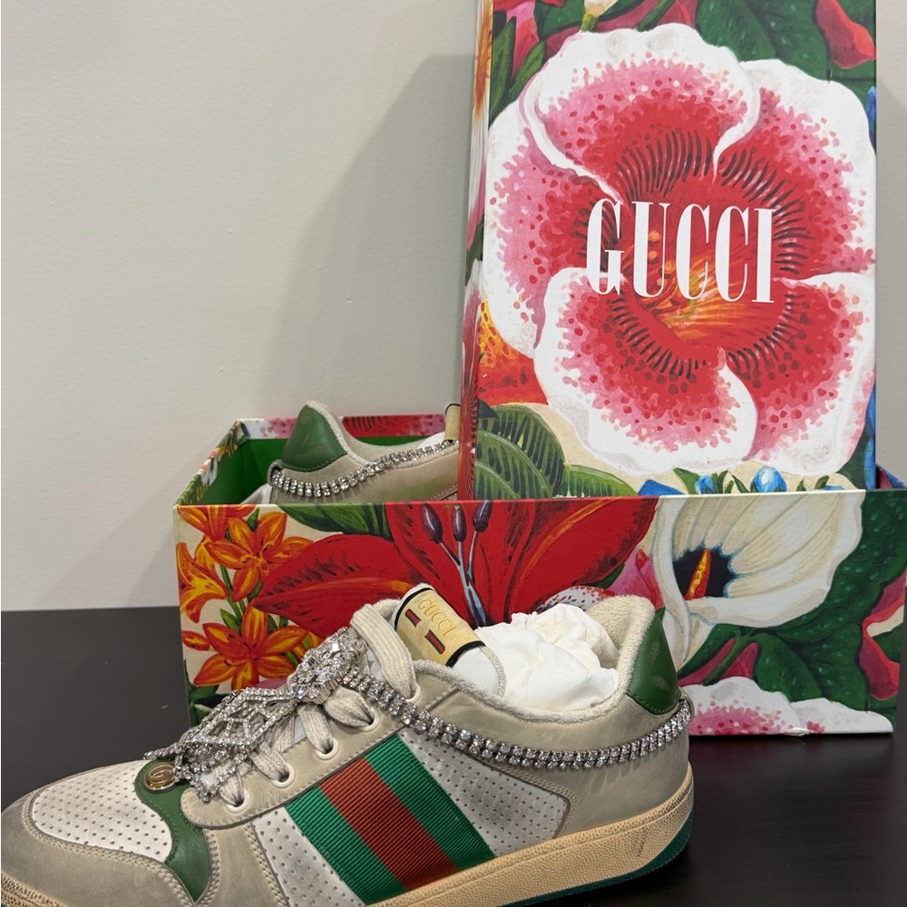 Gucci Cream/Green Sneakers w/ rhinestone chain/off-white collection- authentic - Picture 8 of 10